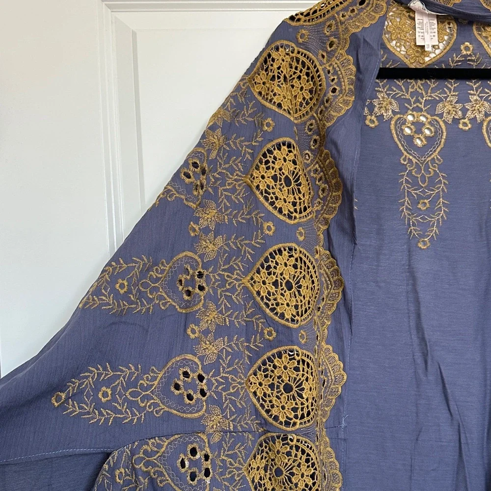 Free People Navy Blue and Gold Embroidered Wrap Scarf